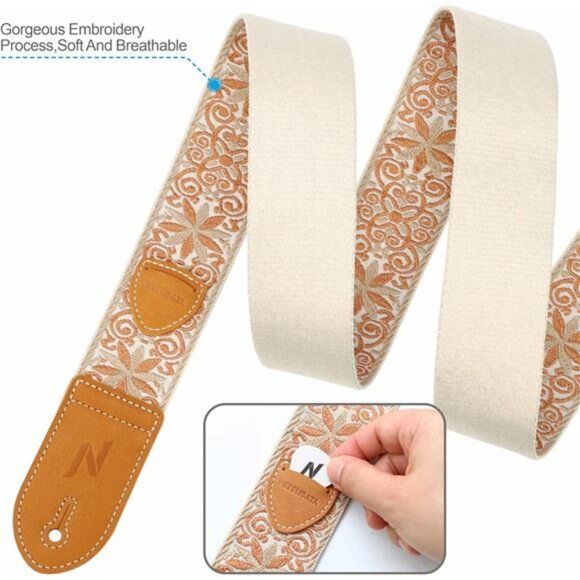 Vintage Woven Guitar Strap Adjustable Leather Ends for Acoustic Bass Electric - Picture 6 of 7